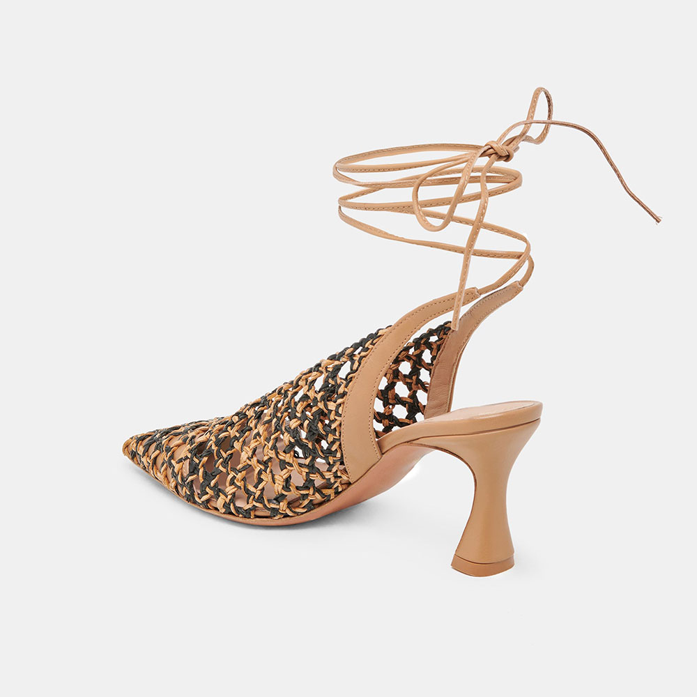 Chic Black & Nude Woven Pointed Toe Lace-Up Flared Heel Sandals