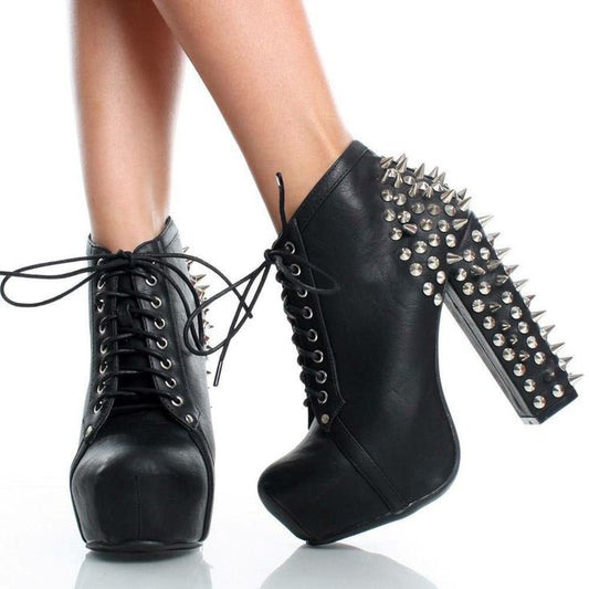 Black Lace Up Boots Chunky Heels Platform Shoes with Rivets