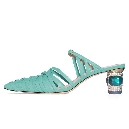 Turquoise Pointed Toe Rhinestone Chunky Heel Mules Shoes