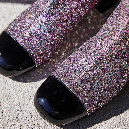 Black & Purple Glitter Round Toe Block Heel Knee High Boots