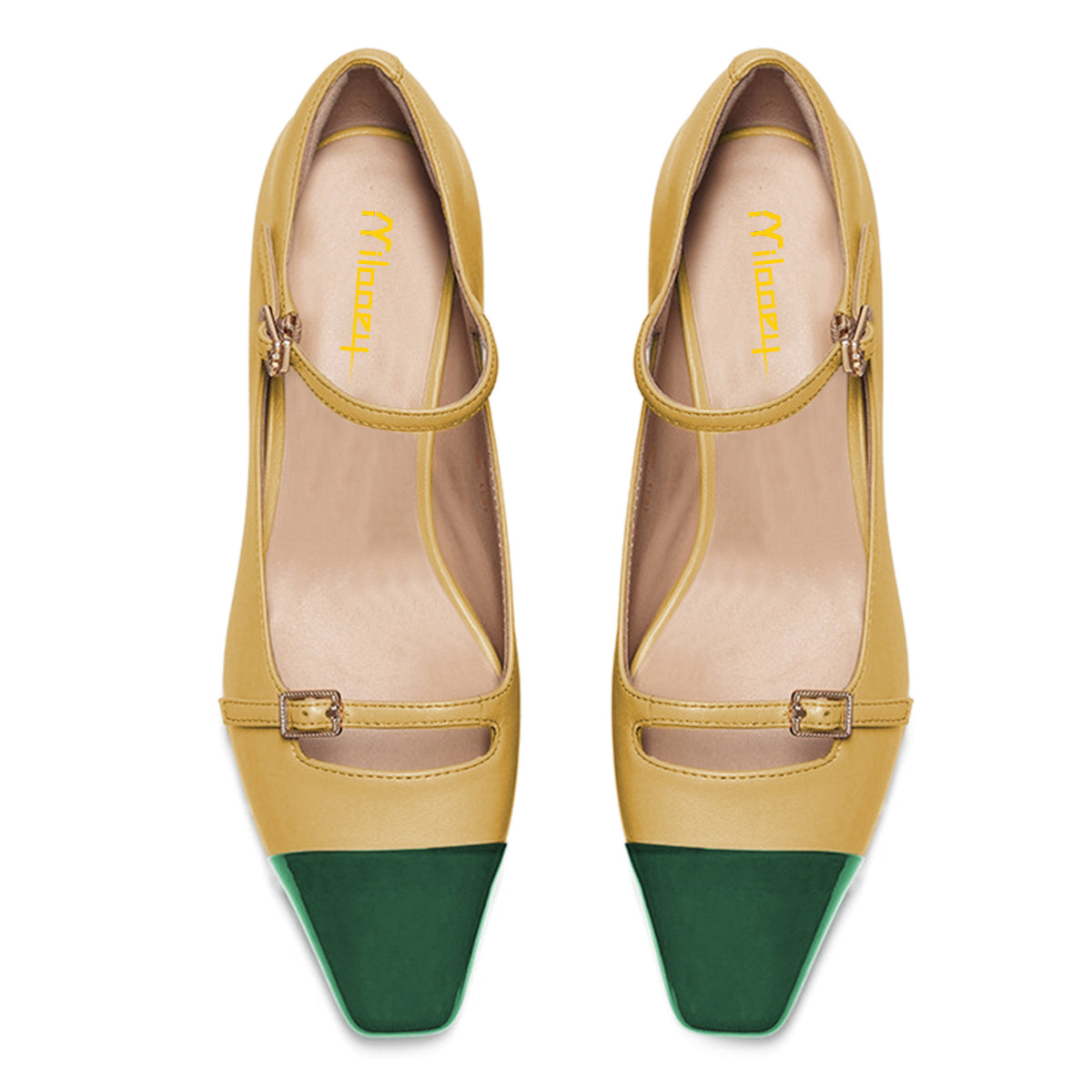 Yellow & Green Square Toe Low Heel Pumps with Double Buckled Straps
