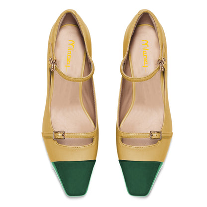 Yellow & Green Square Toe Low Heel Pumps with Double Buckled Straps