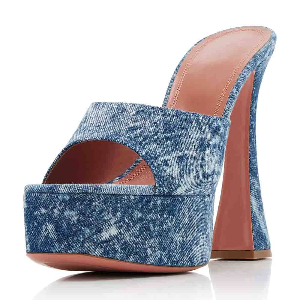 Women's Fashion Open Toe Flared Heels Blue Denim Platform Mules