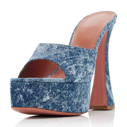 Women's Fashion Open Toe Flared Heels Blue Denim Platform Mules