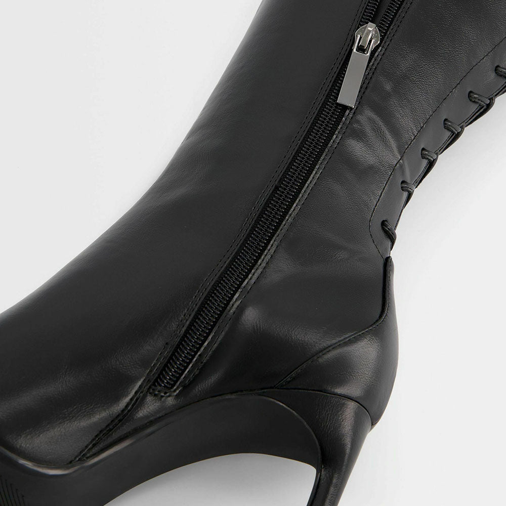 Black Pointed Toe Stiletto Heel Tie Detail Zipper Knee High Boots