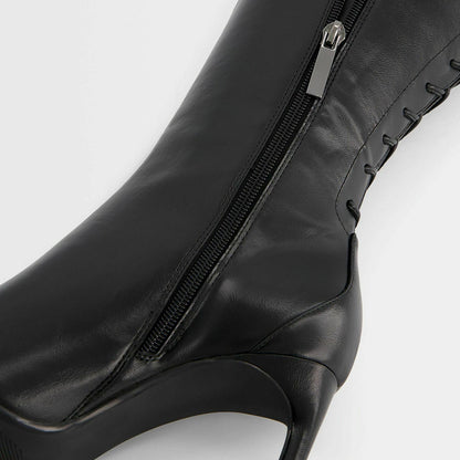 Black Pointed Toe Stiletto Heel Tie Detail Zipper Knee High Boots