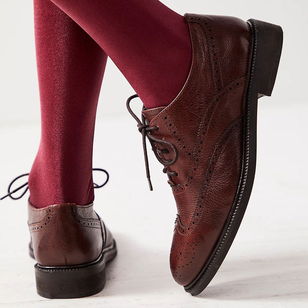 Maroon Vegan Leather Round Toe Cut-Out Lace Up Oxford Flats