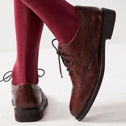 Maroon Vegan Leather Round Toe Cut-Out Lace Up Oxford Flats
