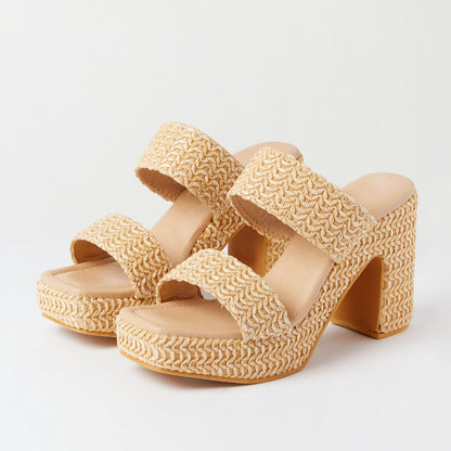 Women's Nude Open-Toe Braided Straps Block Heel Platform Mules