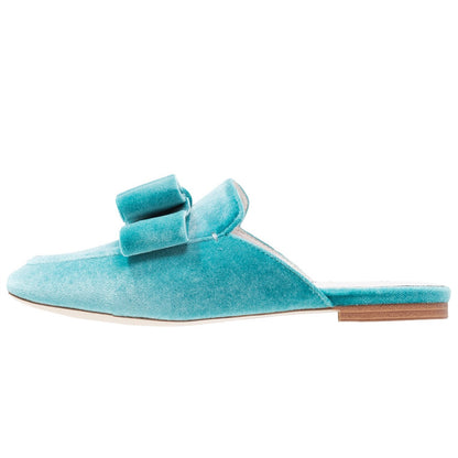 Turquoise Velvet Flats Square Toe Bow Mule Loafers for Women