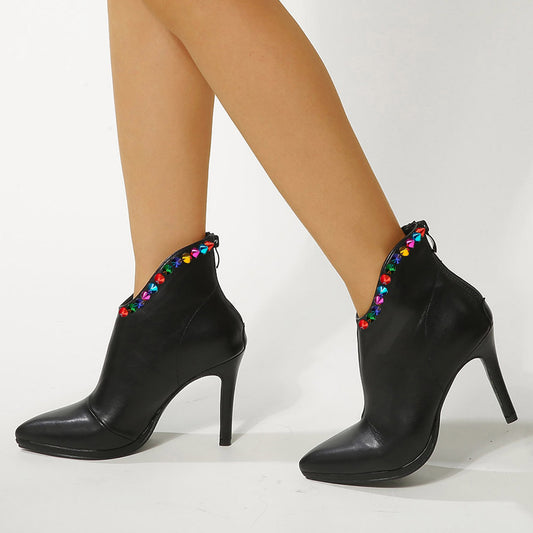 Black Pointed Toe Stiletto Heel Low Cut Ankle Boots with Rivets