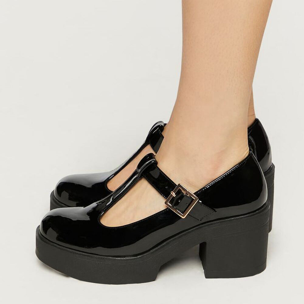 Black Patent Leather Closed Toe Chunky Heel Platform Loafers