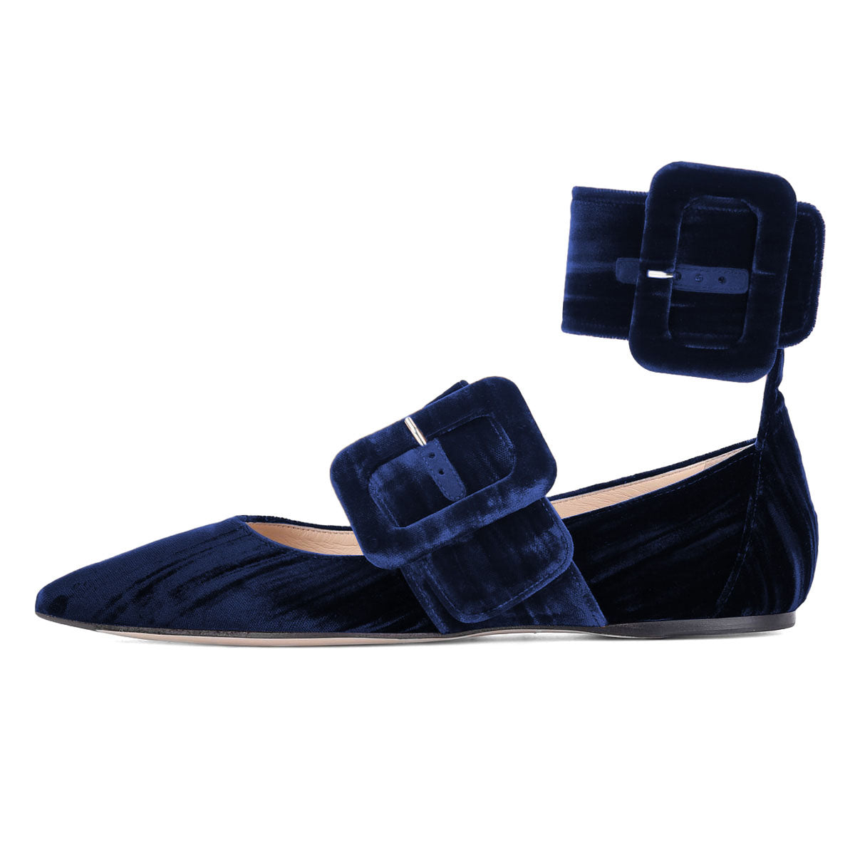 Velvet Ankle Strap Buckled Pointed Toe Mary Jane Flats in Blue