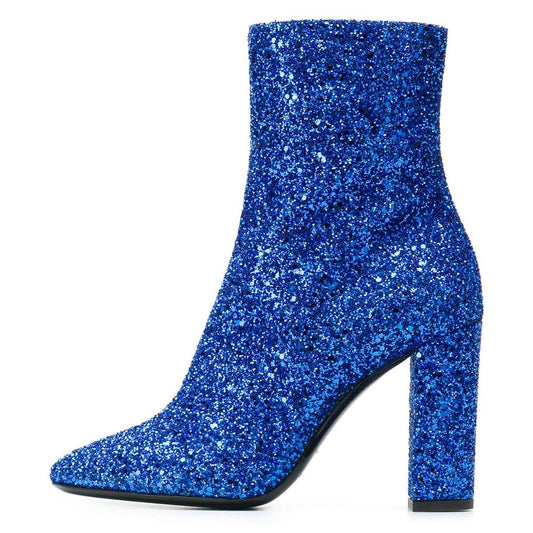 Women's Blue Glitter Chunky Heel Almond Toe Ankle Boots with Zipper