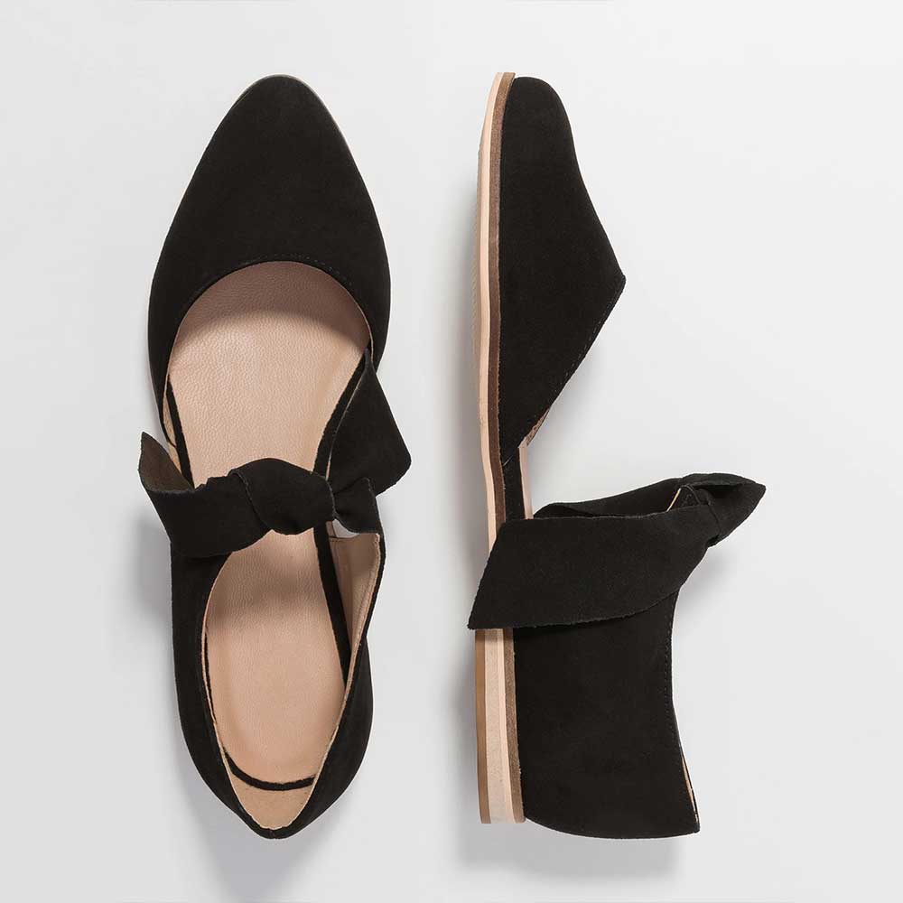 Black Vegan Suede Almond Toe Cutout Lace-Up Flats for Women