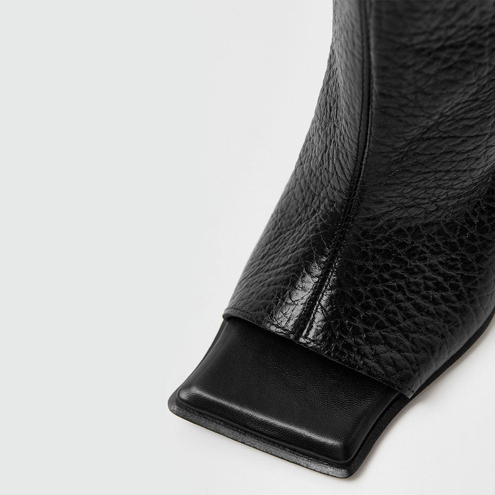 FSJ Black Open Square Toe Textured Wedge Heel Knee High Boots