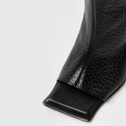 FSJ Black Open Square Toe Textured Wedge Heel Knee High Boots