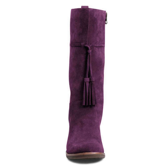 Purple Closed Toe Tasseled Tie Front Chunky Heel Mid Calf Boots