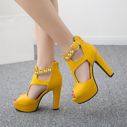 Yellow Peep Toe 4'' Chunky Heel Strappy Platform Pumps with Rivet