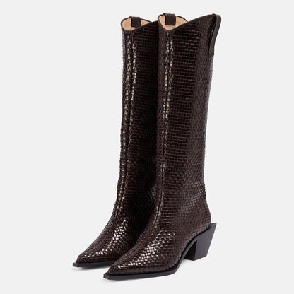 Brown Woven Pointed Toe Block Heel Knee High Boots for Women