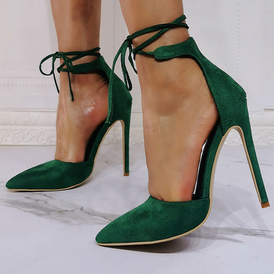 Women's Green Vegan Suede Pointy Toe Stiletto Heels Ankle Strap Pumps