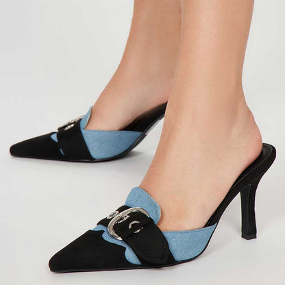 Black & Blue Denim Closed Toe Kitten Heel Buckled Mules