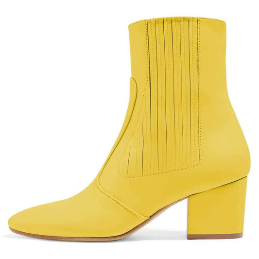 Yellow Chunky Heel Side Zipper Ankle Boots for Women