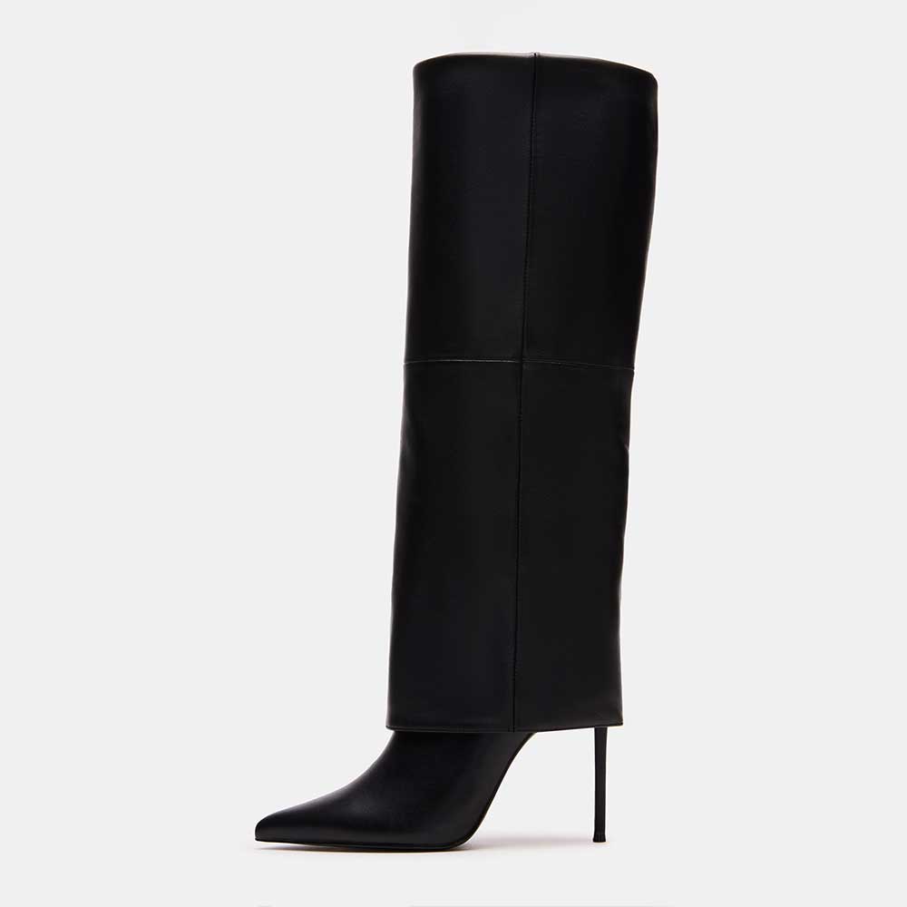 Vegan Leather Pointed Stiletto Heel Fold-Over Knee High Boots in Black