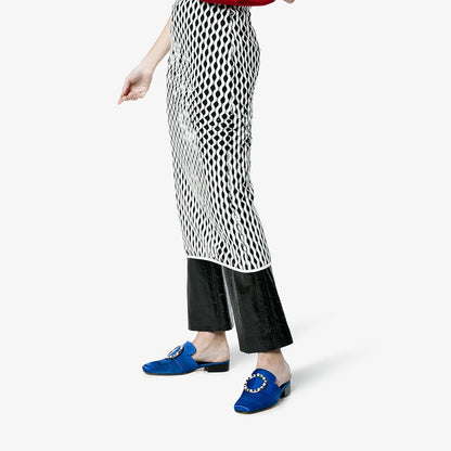 Blue Circle Buckle Rhinestone Pearl Embellished Mule Loafers