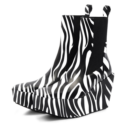 Black and White Zebra Print Wedge Heel Platform Chelsea Ankle Boots