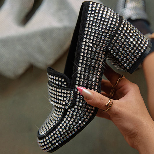 Sparkly Black Square Toe Chunky Heel Rhinestone Women's Loafers
