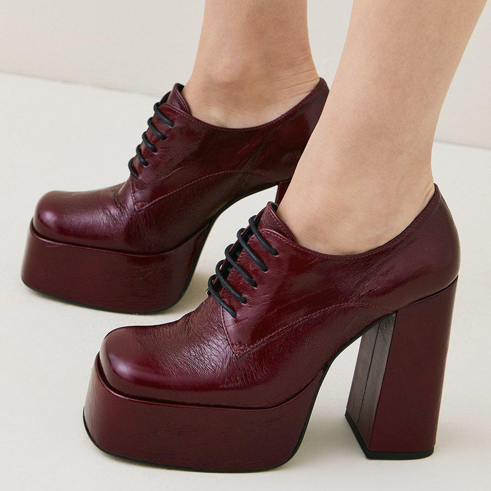 Maroon Square Toe Chunky Heel Lace Up Platform Loafers