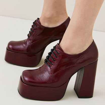 Maroon Square Toe Chunky Heel Lace Up Platform Loafers