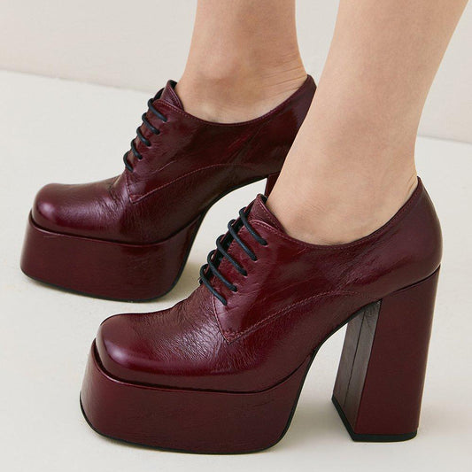 Maroon Square Toe Chunky Heel Lace Up Platform Loafers