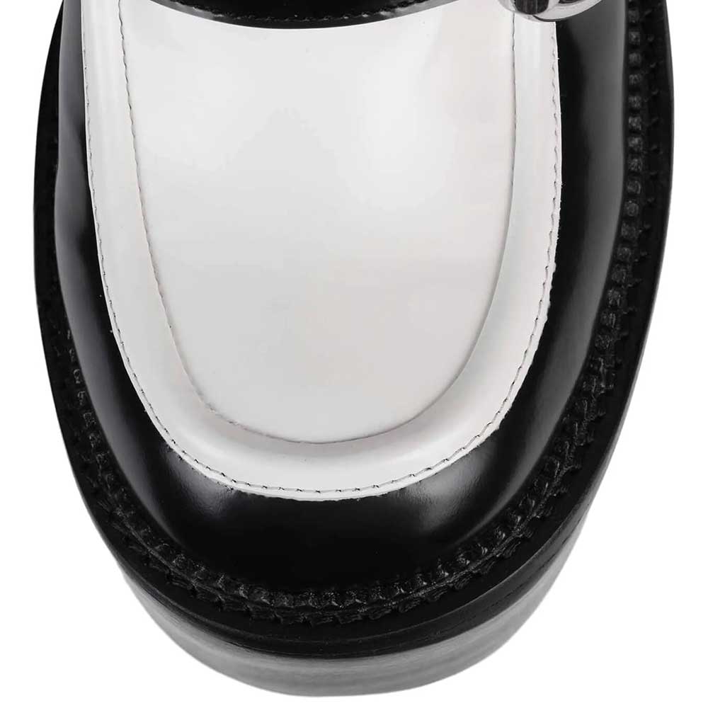 Black & White Round Toe Buckled Strap Chunky Heel Platform Loafers