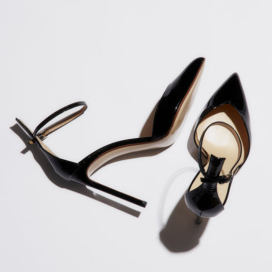 Women's Patent Leather Ankle Strap Heels Pointed Toe Black Pumps