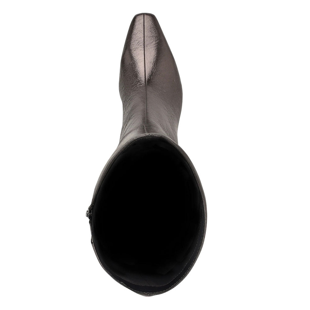 Gray Metallic Finish Square Toe Side Zipper Knee High Boots