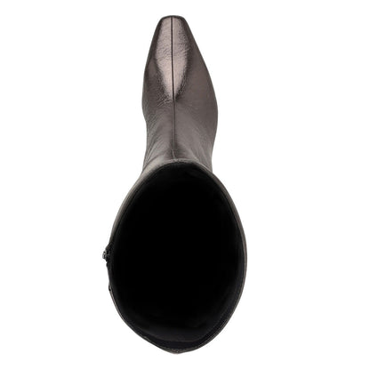 Gray Metallic Finish Square Toe Side Zipper Knee High Boots