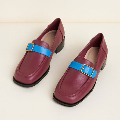 Maroon Square Toe Low Chunky Heel Women's Loafers with Blue Decor