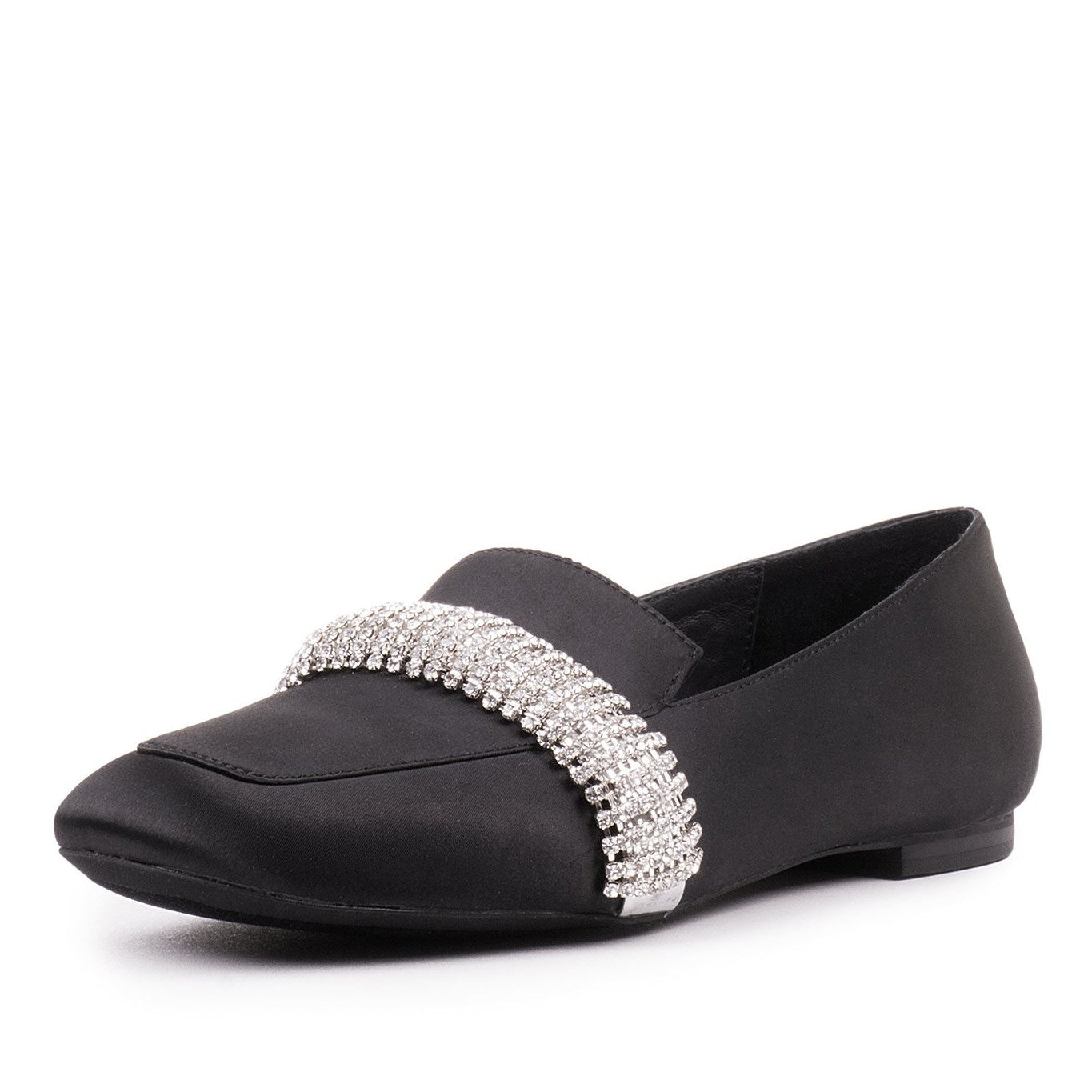 Black Satin Women's Loafers Round Toe Rhinestone Strap Flats
