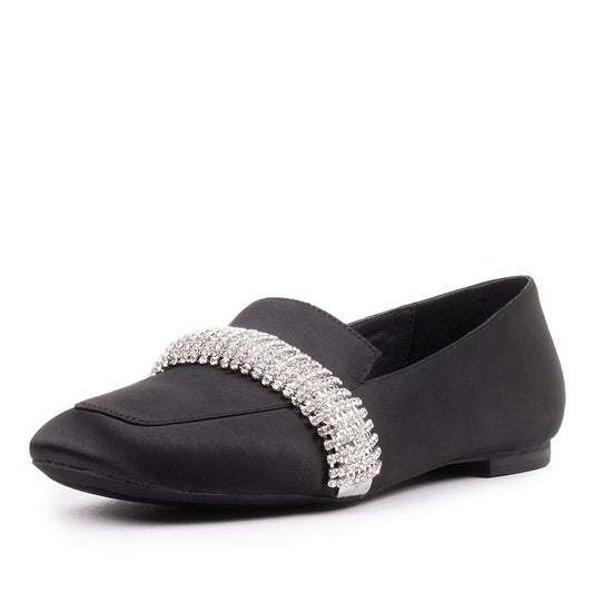 Black Satin Women's Loafers Round Toe Rhinestone Strap Flats