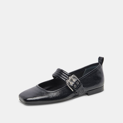 Black Patent Leather Square Toe Mary Jane Ballet Flats with Buckle