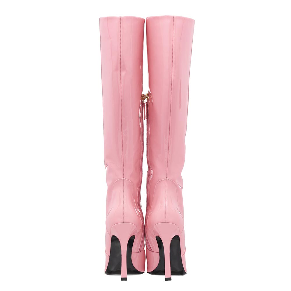 Pink Patent Pointed Toe Stiletto Heel Knee High Boots with Zipper