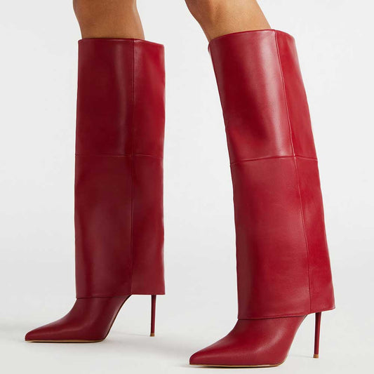 Red Vegan Leather Pointed Toe Stiletto Heel Fold-Over Knee High Boots
