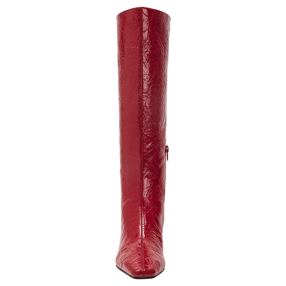 Red Crinkled Finish Square Toe Side-Zipper Heeled Knee High Boots