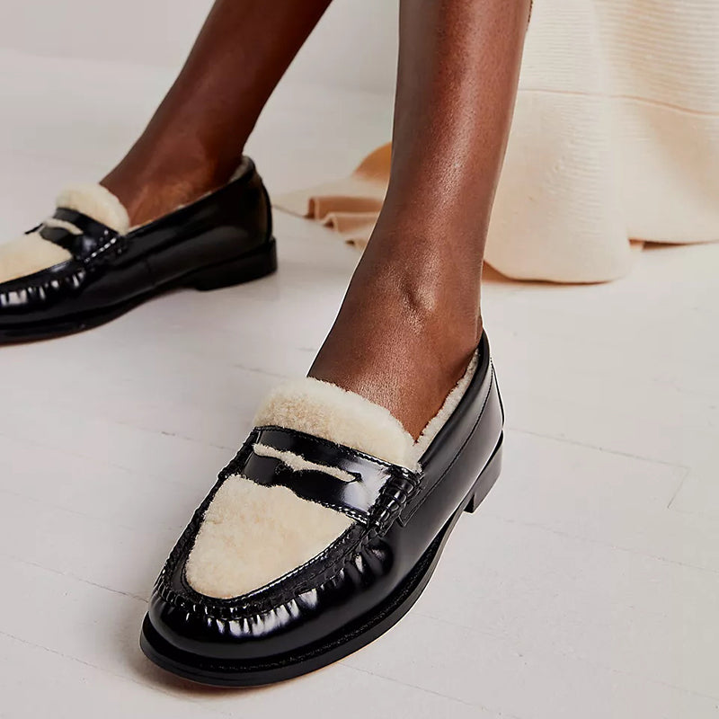 Black & Ivory Round Toe Winter Flats Furry Penny Loafers Women