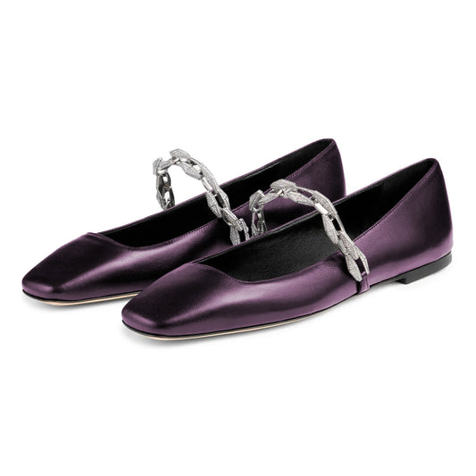 Purple Square Toe Ballet Flats with Rhinestone Chain Strap Design