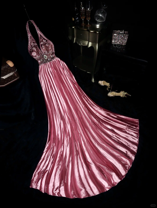 Glamorous Rose Pink Satin Pleated Halter Neck Beaded Embroidered Bodice Evening Gown TP5359