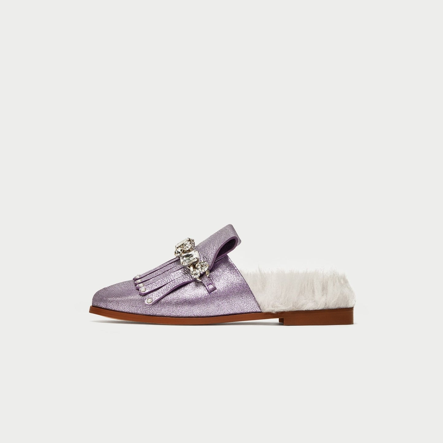 Violet Glitter Flats Fringe Crystal Furry Mule Loafers for Women