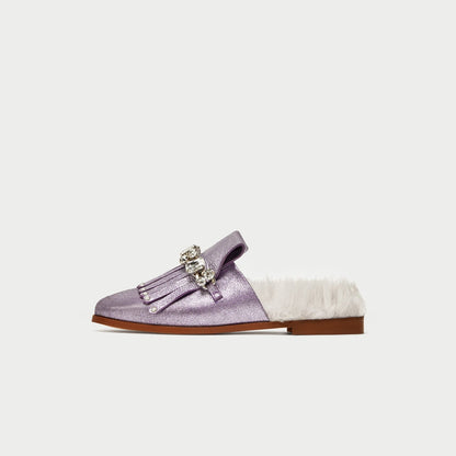 Violet Glitter Flats Fringe Crystal Furry Mule Loafers for Women